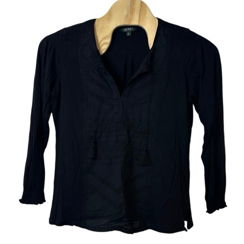 Lauren Ralph‎ Lauren Black Long Sleeve Cotton Blouse Size XL Tassels Embroidered